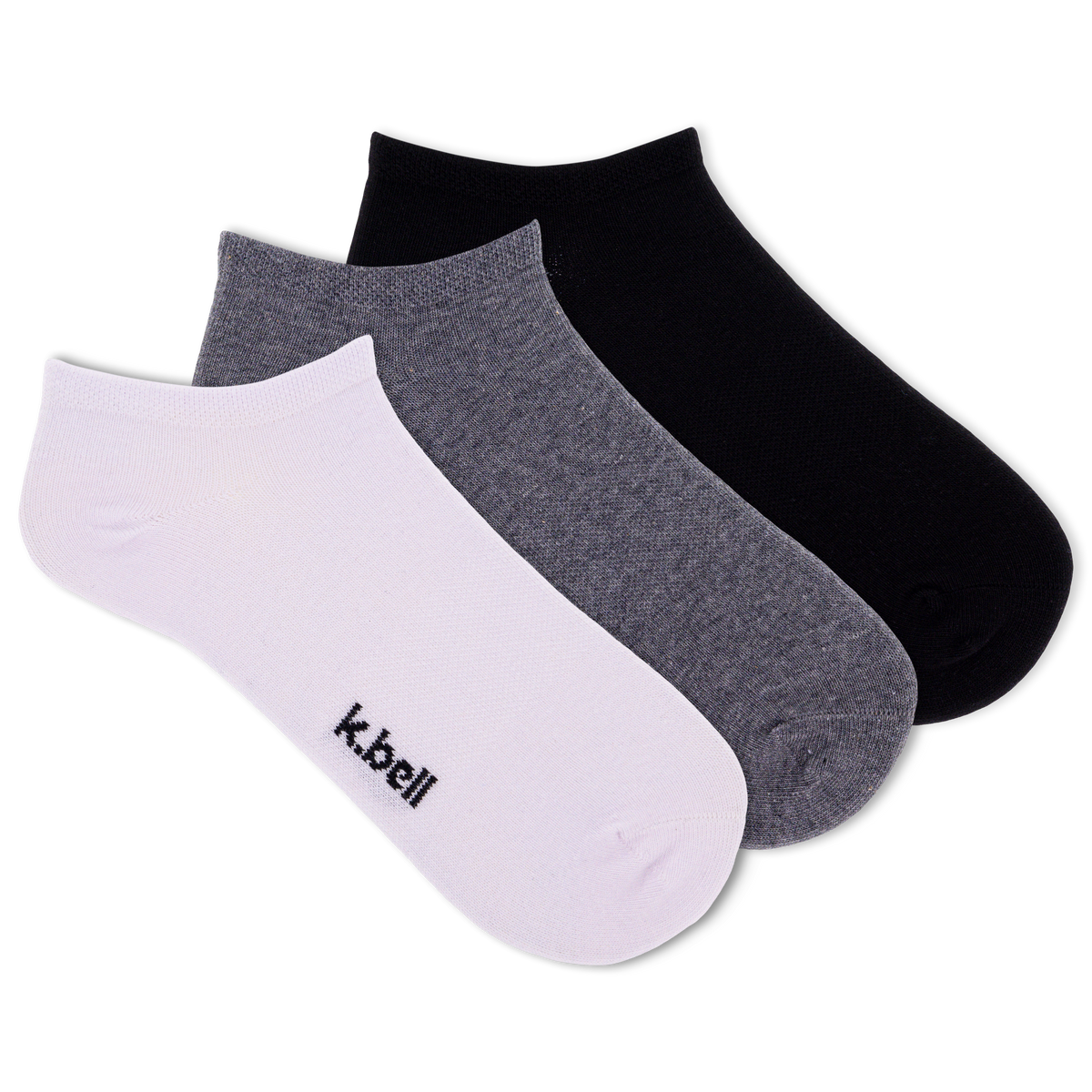 Set of three socks in black, gray, and white with 'k.bell' branding on a white background.