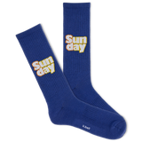 A pair of blue crew socks with the text 'SUNDAY' and a bell logo on the side. thumbnail