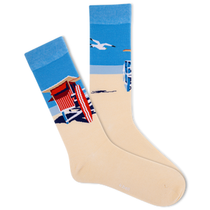 Beige sock with a beach scene design featuring a lifeguard tower and blue sky.