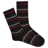 Pair of striped socks with metallic red, gray, and black colors on a white background