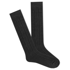 Pair of black knee-high socks on a white background