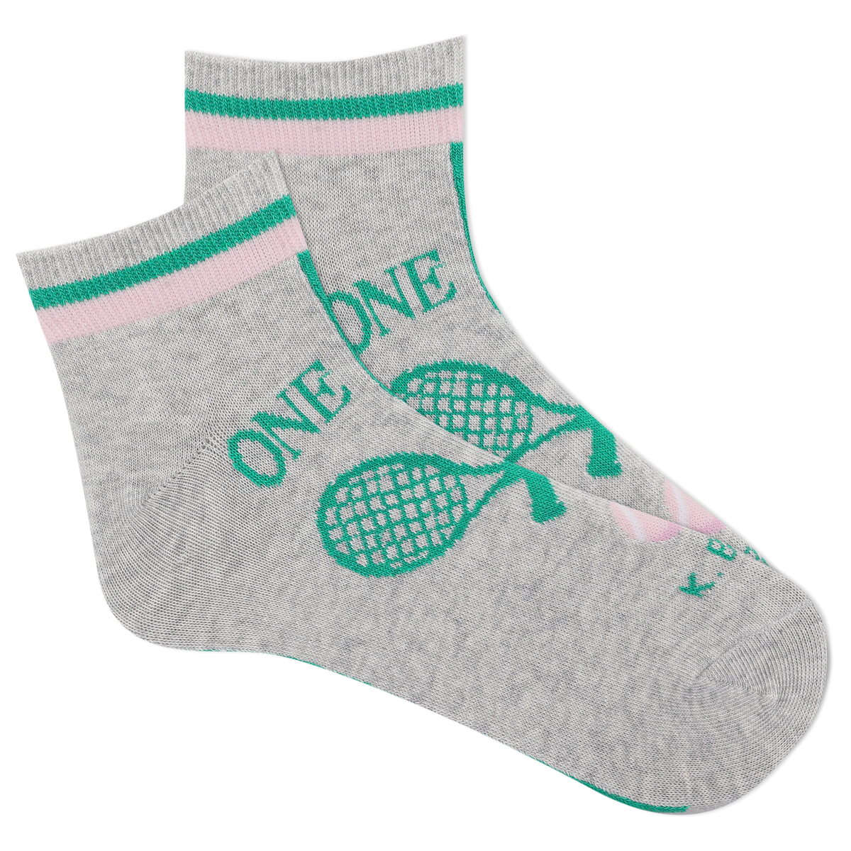 Gray socks with green and pink accents featuring a tennis racket and 'ONE LOVE' text on a white background.