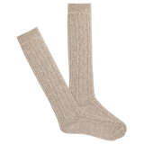 A pair of beige knee-high socks with a cable knit design in a tan color.