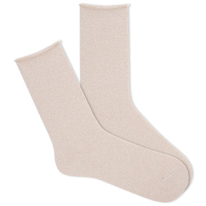 A pair of beige, sparkly roll-top crew socks.