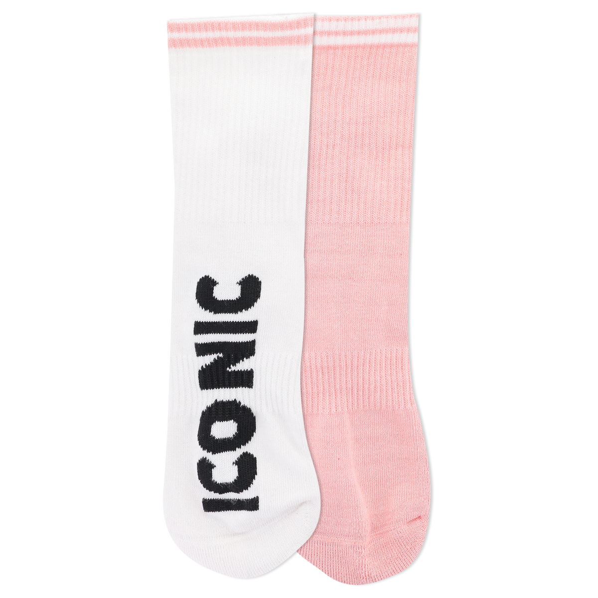 White socks with 'Iconic' text and a pink stripe at the top of cuff and a solid pink sock with a white stripe at the top of the cuff.