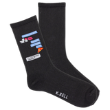 Black socks with text and graphics on a white background