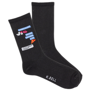 Black socks with text and graphics on a white background