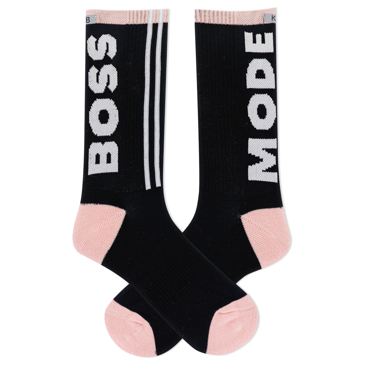 Black socks with 'BOSS' and 'MODE' text and pink accents on a white background