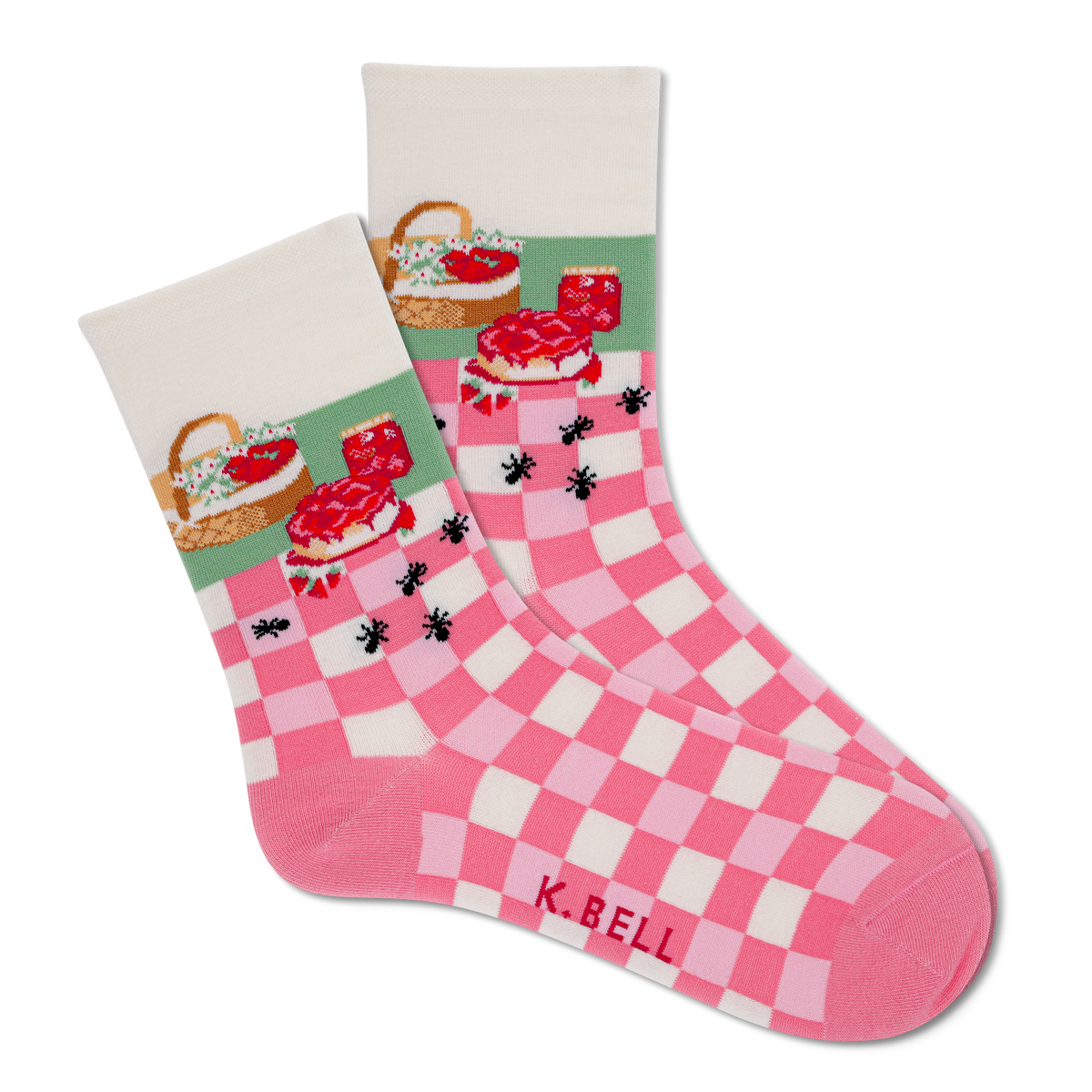 Pair of socks with checkered pattern and K. Bell branding on a white background