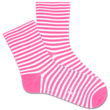 Pink and white striped socks being worn with a clear blue sky and palm trees in the background thumbnail