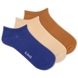 Set of three ankle socks in blue, beige, and brown on a white background with 'k.bell' branding. thumbnail