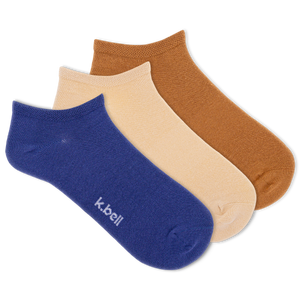 Set of three ankle socks in blue, beige, and brown on a white background with 'k.bell' branding.