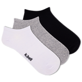 Three pairs of socks in black, gray, and white with 'k.bell' branding on a white background.