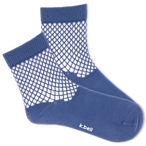 Blue ankle socks with crochet net cuff.