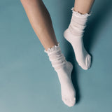 White slouch socks with sheer lettuce-edge details worn by a person on a light blue background