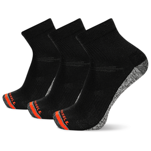 Three black ankle socks with orange and gray accents on a white background