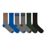 Set of six pairs of socks in various colors on a white background