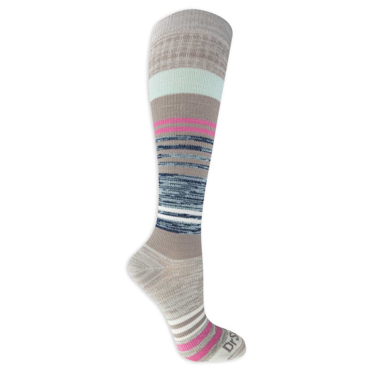 Dr. Scholl's women's compression socks featuring a gray, blue and pink striped pattern.