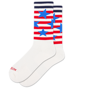 White socks with red, white, and blue star pattern on a white background