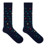 A pair of navy crew socks with a pattern of golf flags. thumbnail