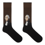 A pair of men's crew socks featuring a silhouette of George Washington on the upper part.