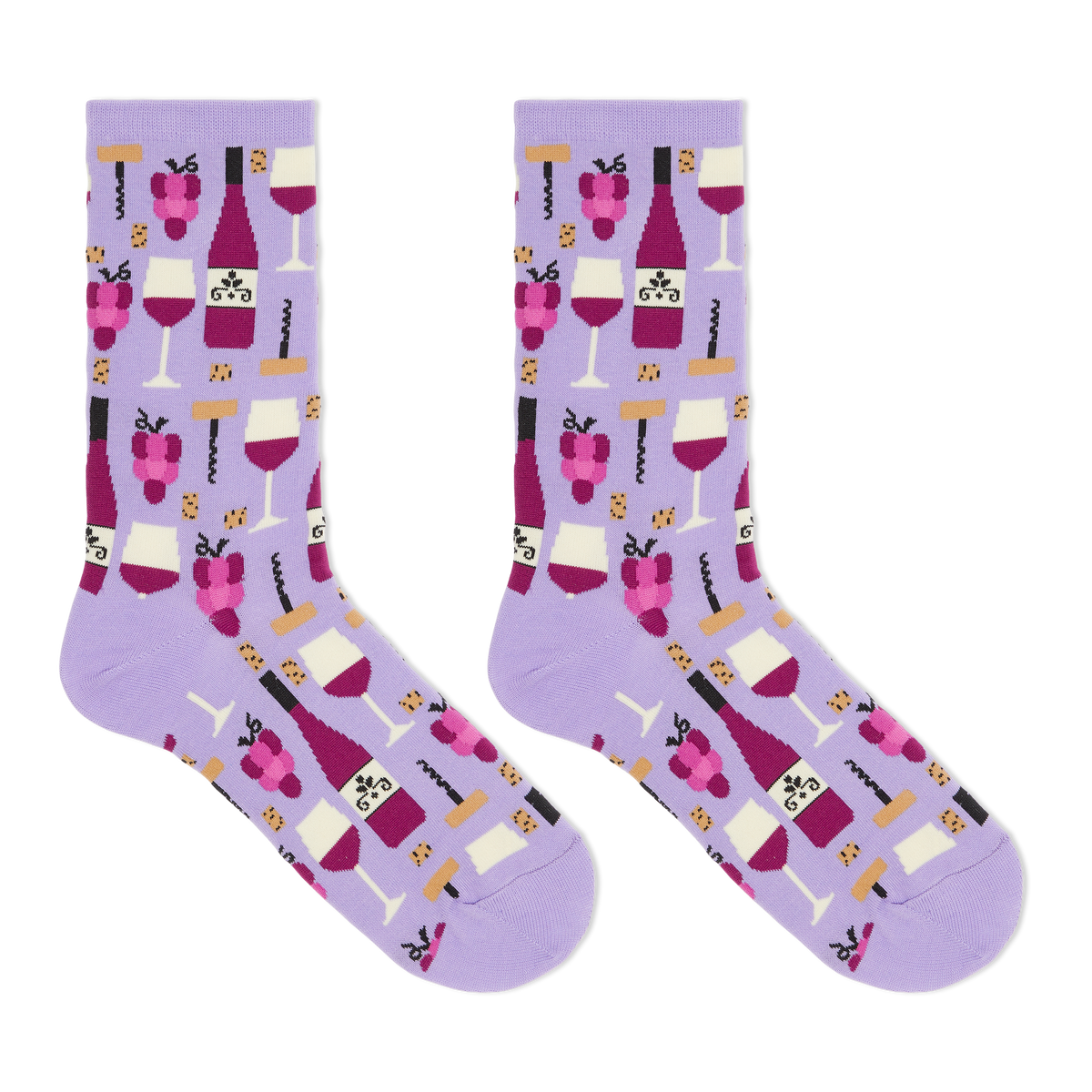 A pair of purple crew socks with a wine-themed pattern, including wine glasses and corks.