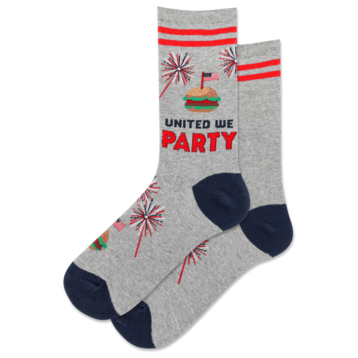 A pair of women's crew socks with a patriotic red, white, and blue design featuring text 'UNITED WE PARTY' and fireworks graphics.
