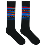 A pair of men's boot crew socks with a geometric stripe pattern in multiple colors.