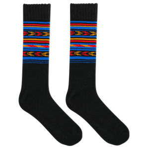 A pair of men's boot crew socks with a geometric stripe pattern in multiple colors.
