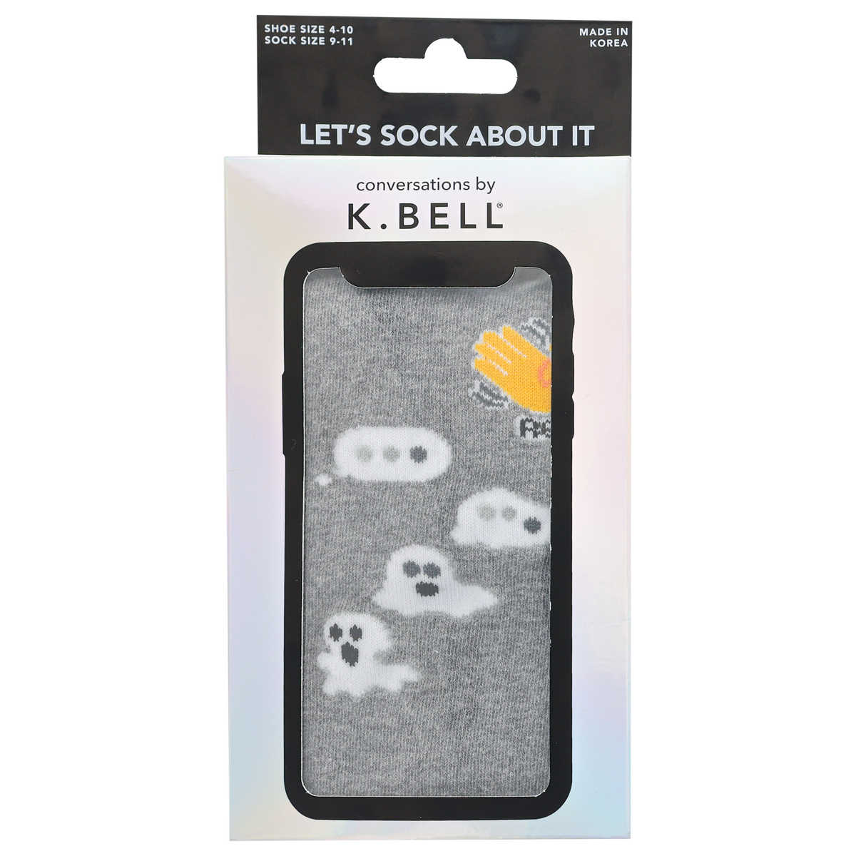  K.Bell men's gray crew socks with a periwinkle blue contrast cuff, heel and toe, arch support, and a pattern of emojis and ghosts in a custom package that looks like a cell phone.